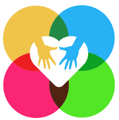 four colour circles overlapping with a heart and two hands pictured in the middle. 